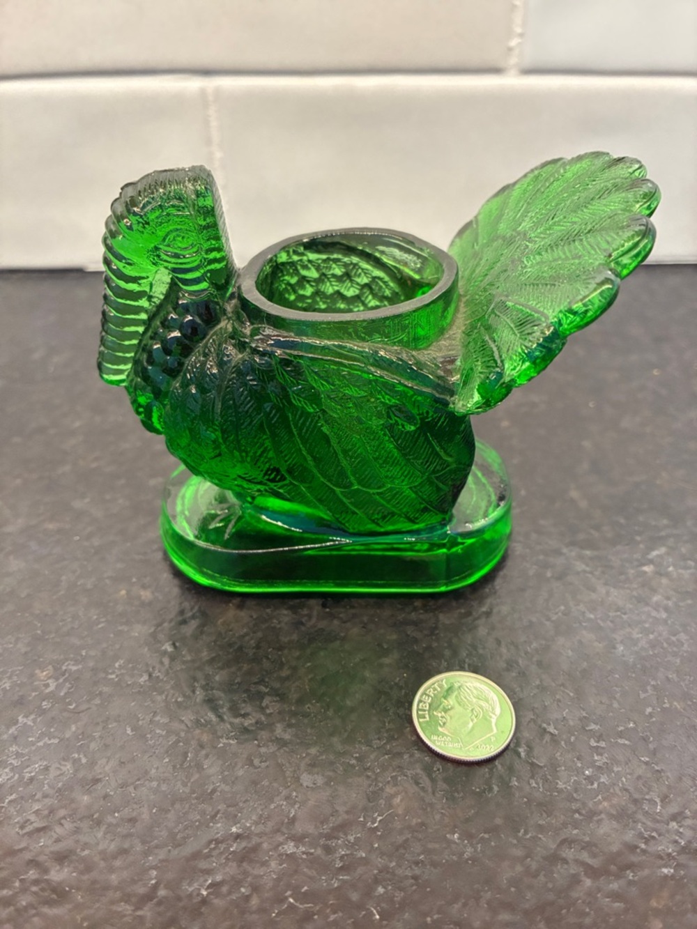 Mosser Green Glass Turkey toothpick holder